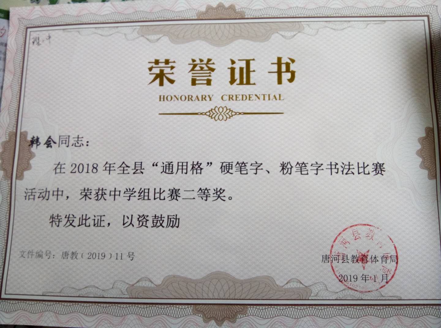 唐河县东王集乡王庄学校韩会同志喜获全县“通用格”书法比赛二等奖